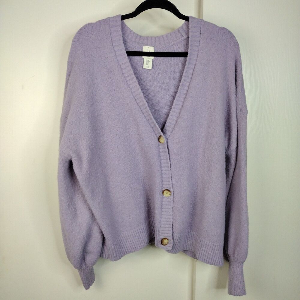 Joie Fuzzy Eyelash-Knit Button-Up V-Neck Cardigan Sweater Womens Sz XL Lilac